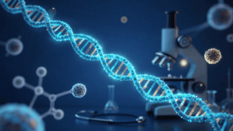 a glowing DNA double helix with a microscope, lab beakers, molecular structures, and a stethoscope on a deep navy blue background.