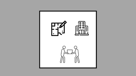 A space planning map, a building and two movers moving a box