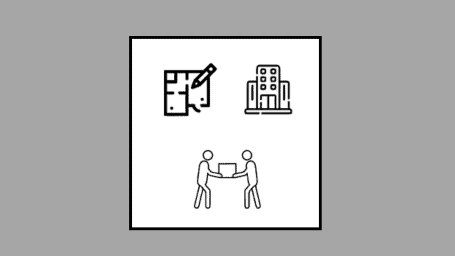 An icon of a buidling, a floor plan and two men moving something